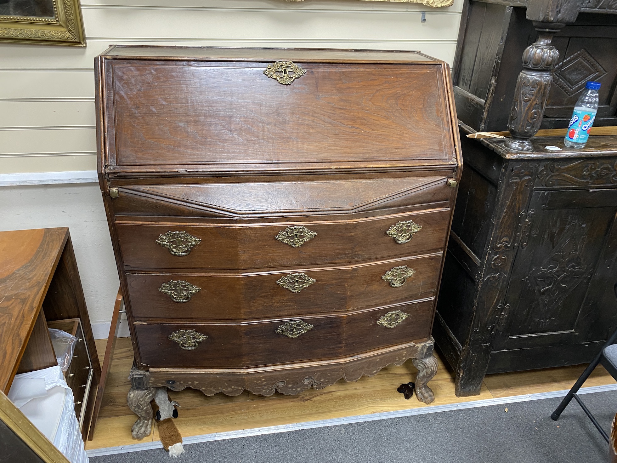 A large Spanish hardwood bureau, width 110cm, depth 48cm, height 132cm